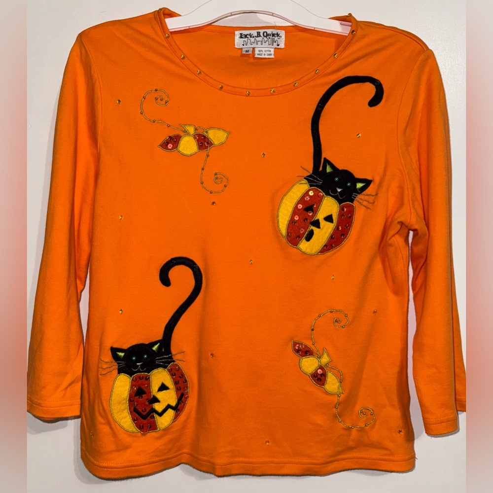 Vtg 90s Jack B Quick Womens Medium Orange Halloween Cat Embellished Cotton Tee